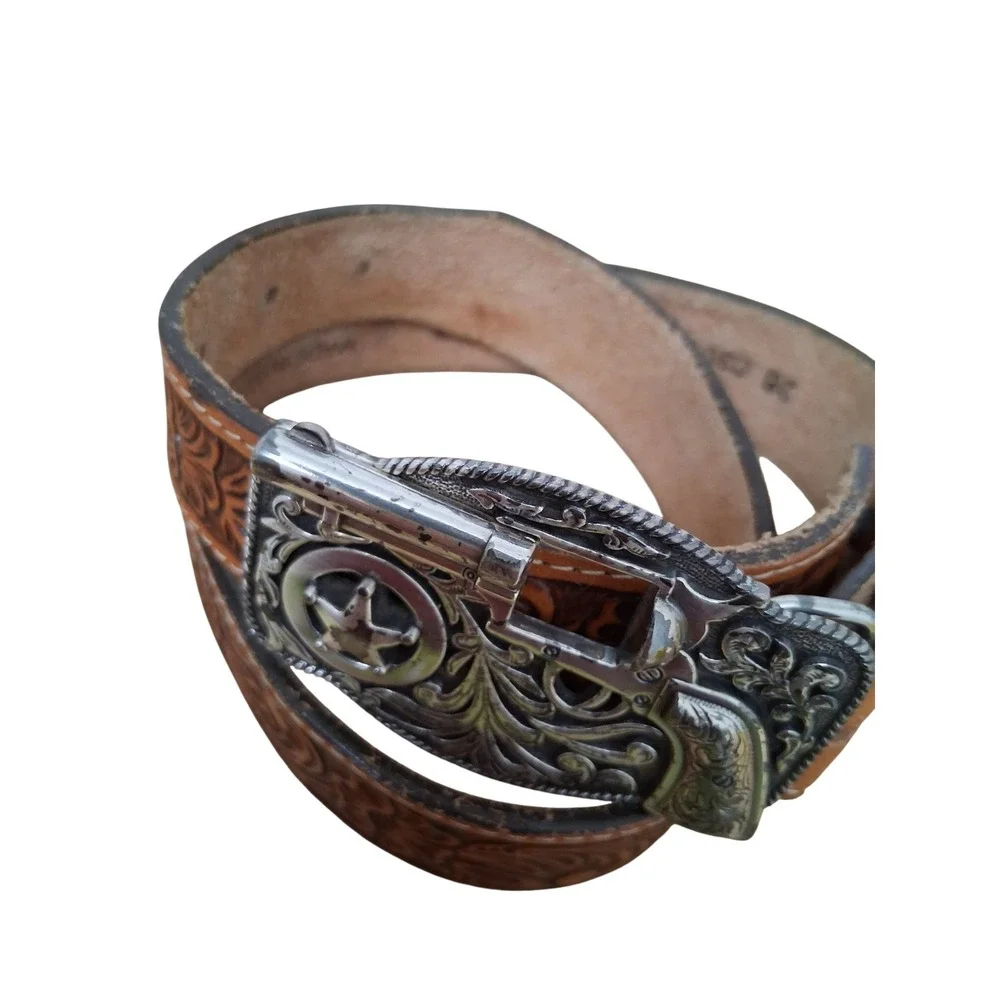 Justin Brown Tooled Leather Kids size 26 Little Trigger Western Belt & Buckle